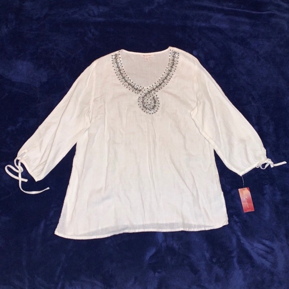 New Jm Collection Painted Blooms White Beaded V-Neck Blouse 3/4 Sleeve Size 16 - Picture 1 of 2